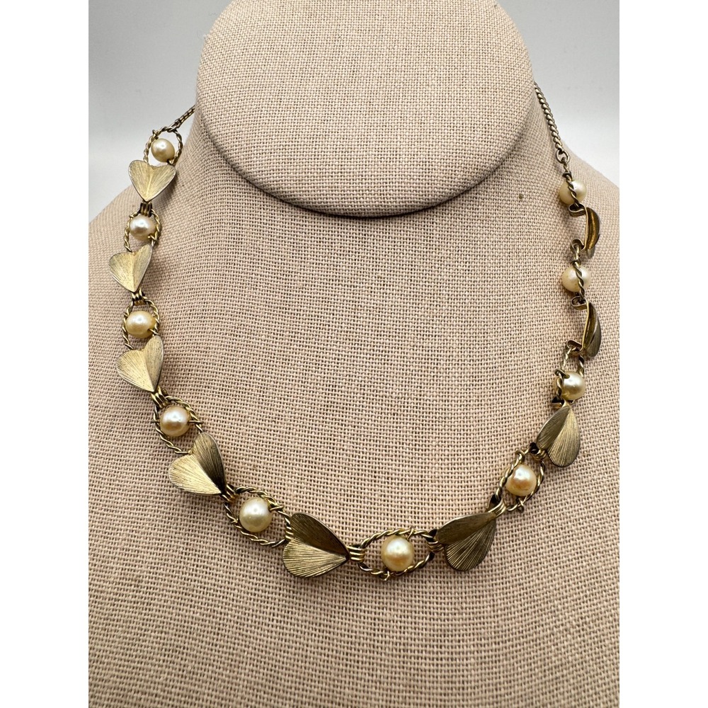 Vintage Lady Alice Necklace Gold Filled Faux Pearl Leaf Choker